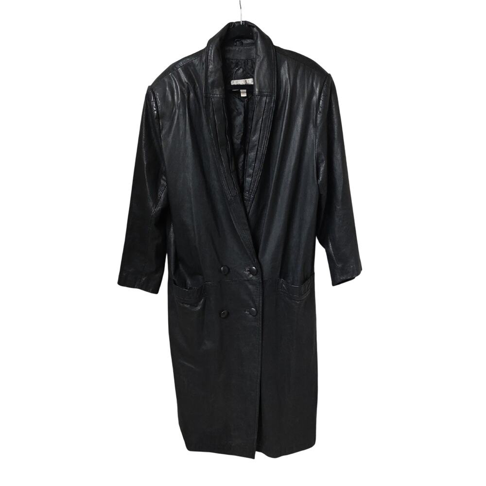 Charles Klein Vintage Leather Trench Coat Matrix Black Button Jacket Womens L